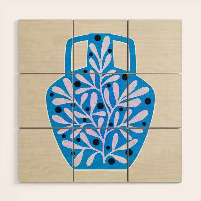 Mediterramean blue vase and leaves Wood Wall Art Gallery Image 1