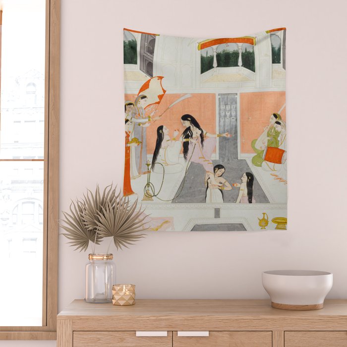  A lady at her toilette listens to music by the side of a palace water casca Indian Miniature Painting  Wall Tapestry Gallery Image 2