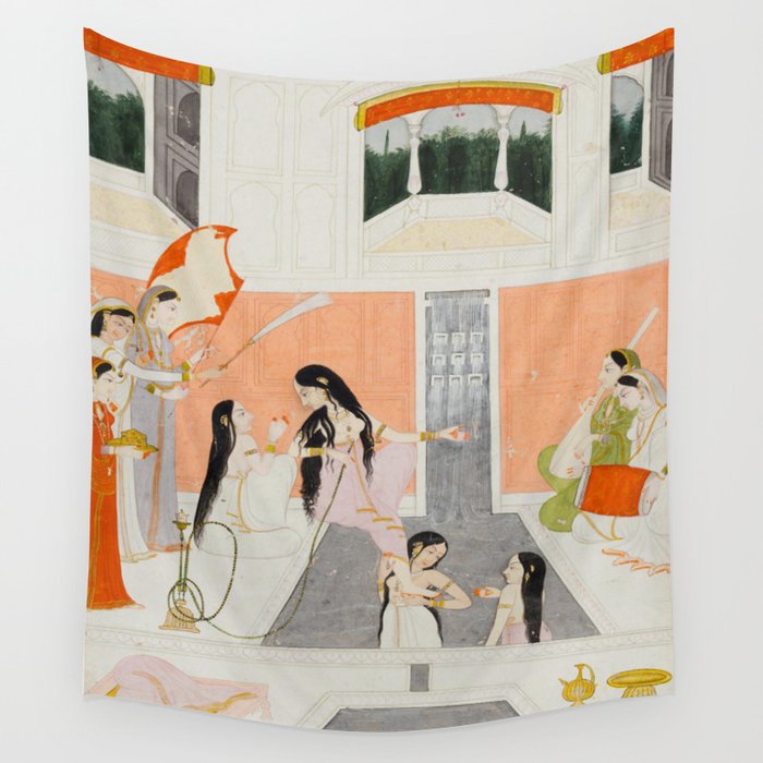  A lady at her toilette listens to music by the side of a palace water casca Indian Miniature Painting  Wall Tapestry Gallery Image 4
