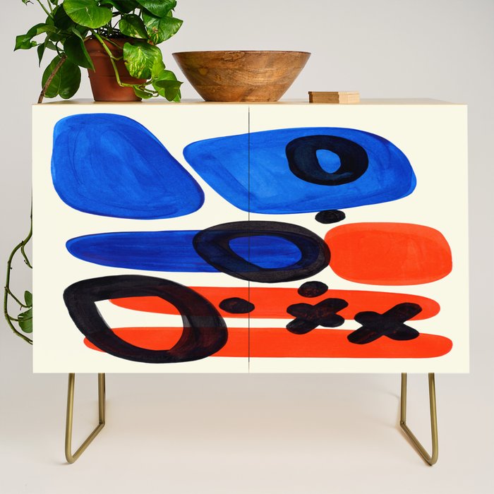 Blue Orange Fun Colorful Mid Century Modern Abstract Painting Shapes Pattern Credenza Gallery Image 1