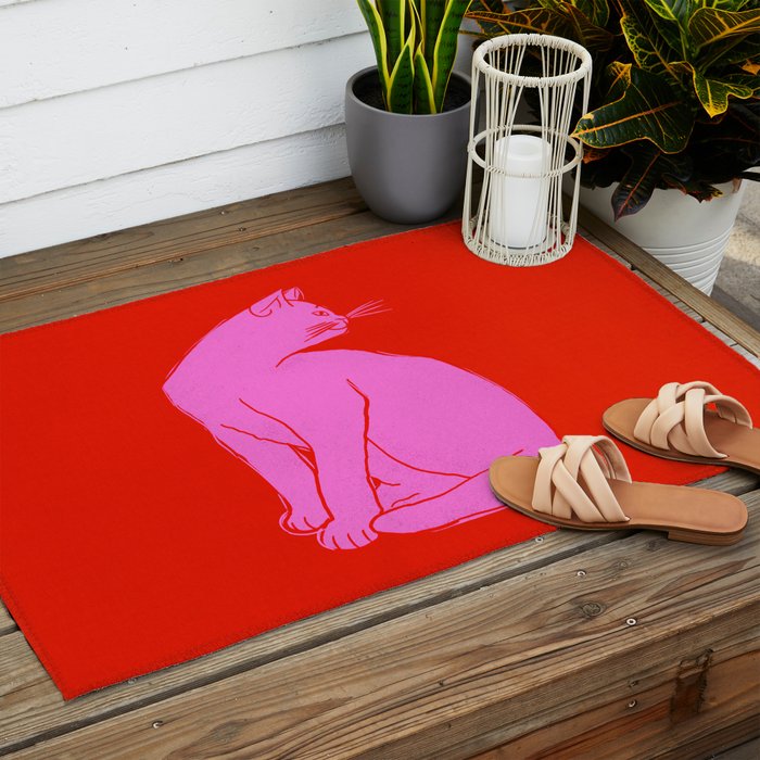 Pink Color Block Cat Outdoor Rug Gallery Image 2