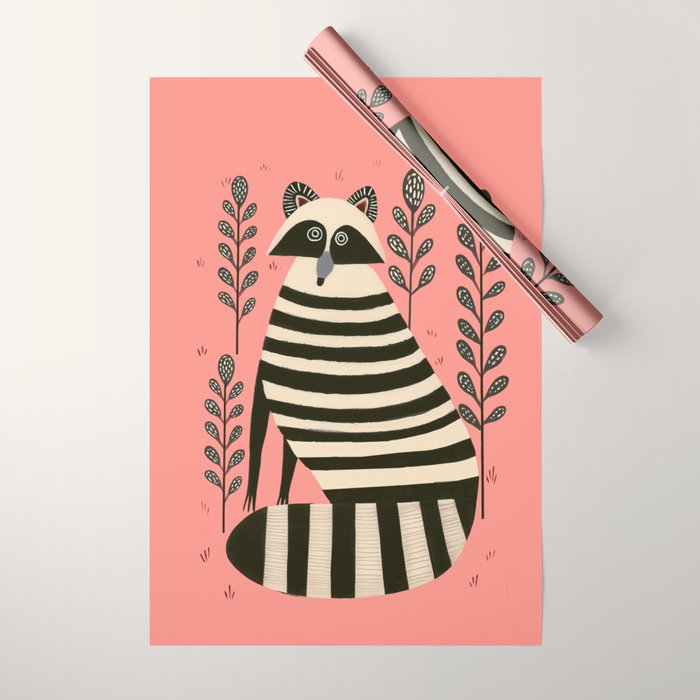 Pink Forest Raccoon Wrapping Paper Gallery Image 1