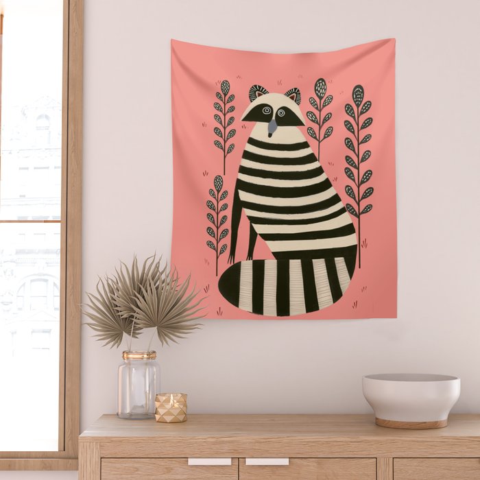 Pink Forest Raccoon Wall Tapestry Gallery Image 2