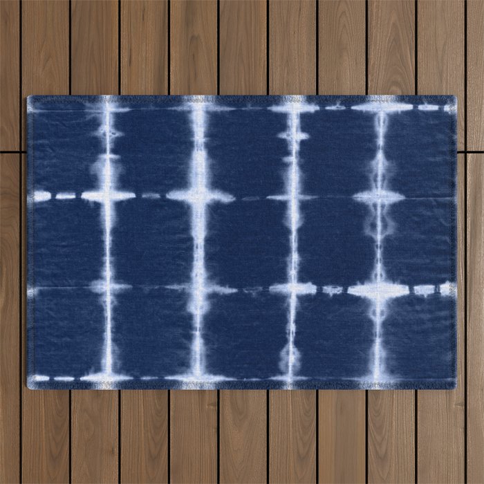 Shibori itajime indigo square pattern Outdoor Rug Gallery Image 1