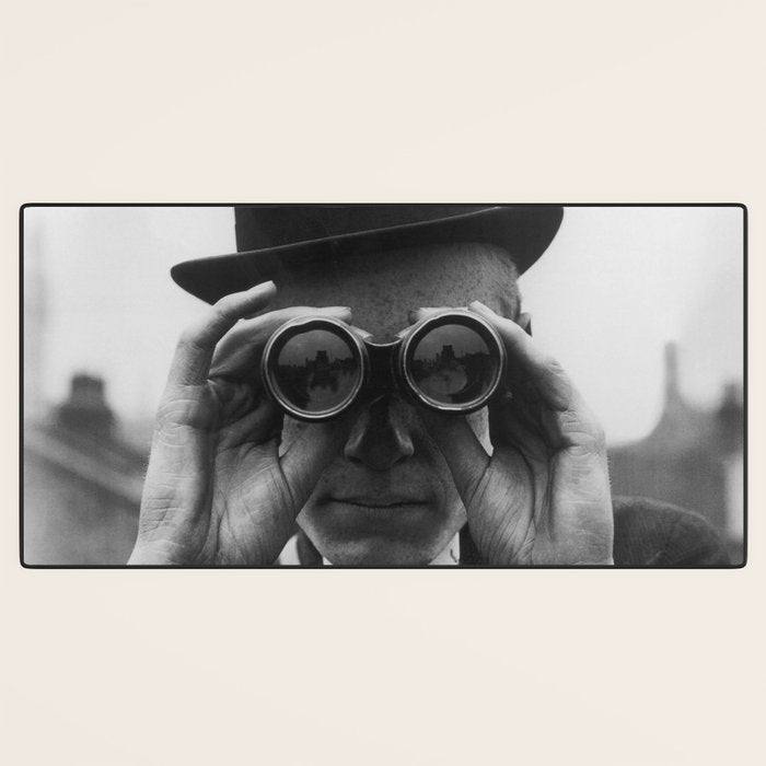 Derby Spectator watching ponies with opera glasses black and white photograph - photography - photographs Desk Mat Gallery Image 3