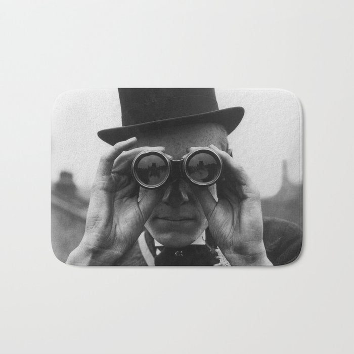 Derby Spectator watching ponies with opera glasses black and white photograph - photography - photographs Bath Mat Gallery Image 1