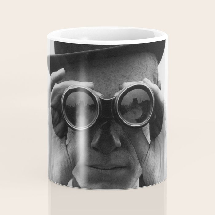 Derby Spectator watching ponies with opera glasses black and white photograph - photography - photographs Coffee Mug Gallery Image 4