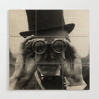 Derby Spectator watching ponies with opera glasses black and white photograph - photography - photographs Wood Wall Art Gallery Image 1