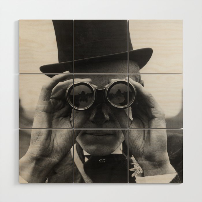 Derby Spectator watching ponies with opera glasses black and white photograph - photography - photographs Wood Wall Art Gallery Image 1