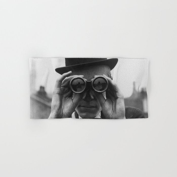 Derby Spectator watching ponies with opera glasses black and white photograph - photography - photographs Bath Towel Gallery Image 1
