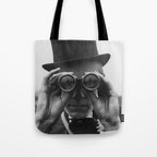 Derby Spectator watching ponies with opera glasses black and white photograph - photography - photographs Tote Bag Gallery Image 1