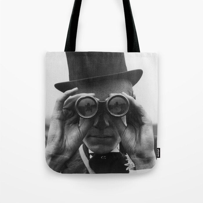Derby Spectator watching ponies with opera glasses black and white photograph - photography - photographs Tote Bag Gallery Image 1