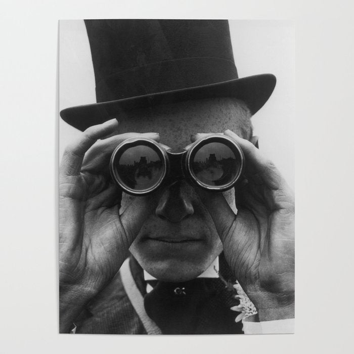 Derby Spectator watching ponies with opera glasses black and white photograph - photography - photographs Poster Gallery Image 1