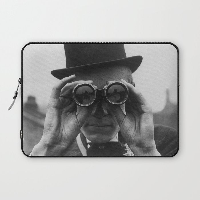 Derby Spectator watching ponies with opera glasses black and white photograph - photography - photographs Laptop Sleeve Gallery Image 1