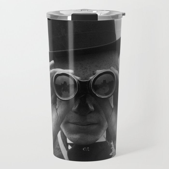 Derby Spectator watching ponies with opera glasses black and white photograph - photography - photographs Travel Mug Gallery Image 1