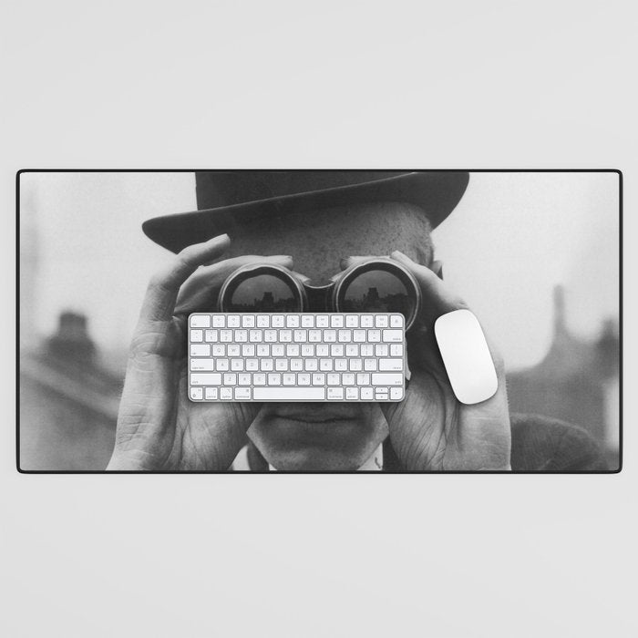 Derby Spectator watching ponies with opera glasses black and white photograph - photography - photographs Desk Mat Gallery Image 1