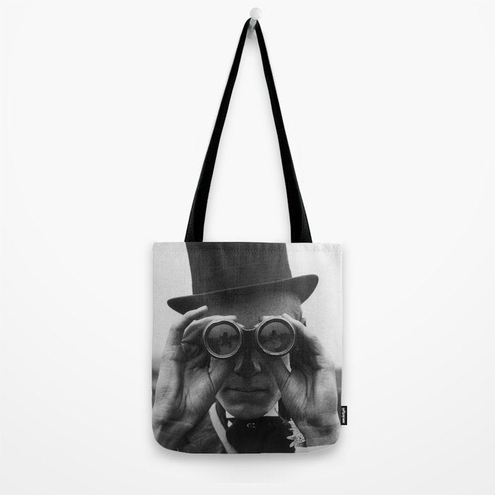Derby Spectator watching ponies with opera glasses black and white photograph - photography - photographs Tote Bag Gallery Image 2