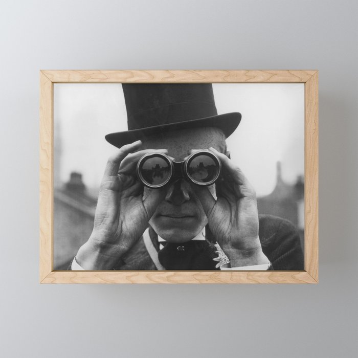 Derby Spectator watching ponies with opera glasses black and white photograph - photography - photographs Mini Art Print Gallery Image 1
