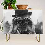 Derby Spectator watching ponies with opera glasses black and white photograph - photography - photographs Credenza Gallery Image 1