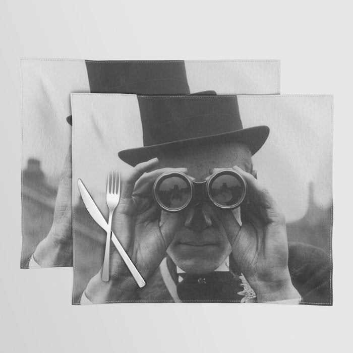 Derby Spectator watching ponies with opera glasses black and white photograph - photography - photographs Placemat Gallery Image 1
