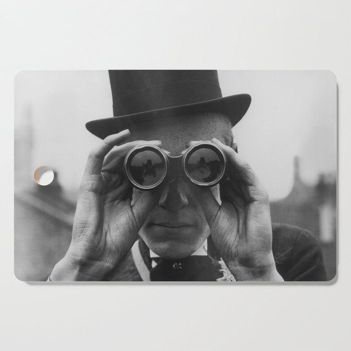 Derby Spectator watching ponies with opera glasses black and white photograph - photography - photographs Cutting Board Gallery Image 1