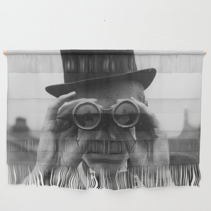 Derby Spectator watching ponies with opera glasses black and white photograph - photography - photographs Wall Hanging Gallery Image 1