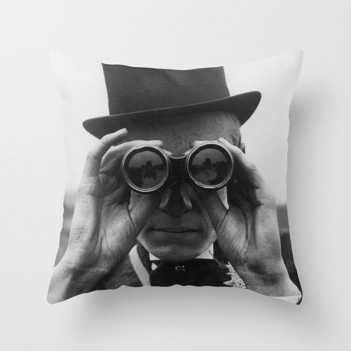 Derby Spectator watching ponies with opera glasses black and white photograph - photography - photographs Throw Pillow Gallery Image 1