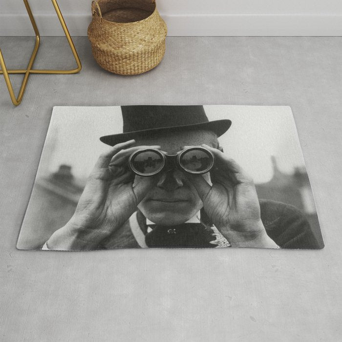 Derby Spectator watching ponies with opera glasses black and white photograph - photography - photographs Rug Gallery Image 1