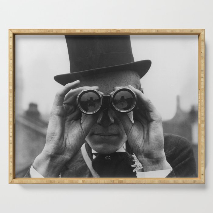 Derby Spectator watching ponies with opera glasses black and white photograph - photography - photographs Serving Tray Gallery Image 1