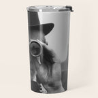 Derby Spectator watching ponies with opera glasses black and white photograph - photography - photographs Travel Mug Gallery Image 2