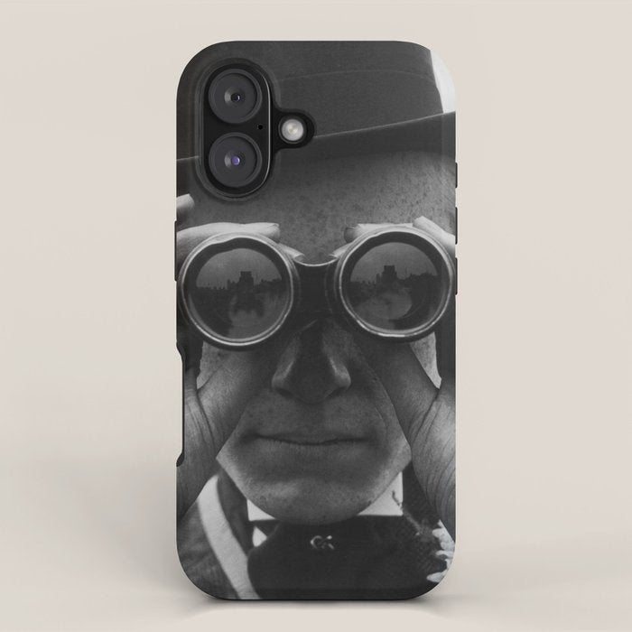 Derby Spectator watching ponies with opera glasses black and white photograph - photography - photographs iPhone Case Gallery Image 1