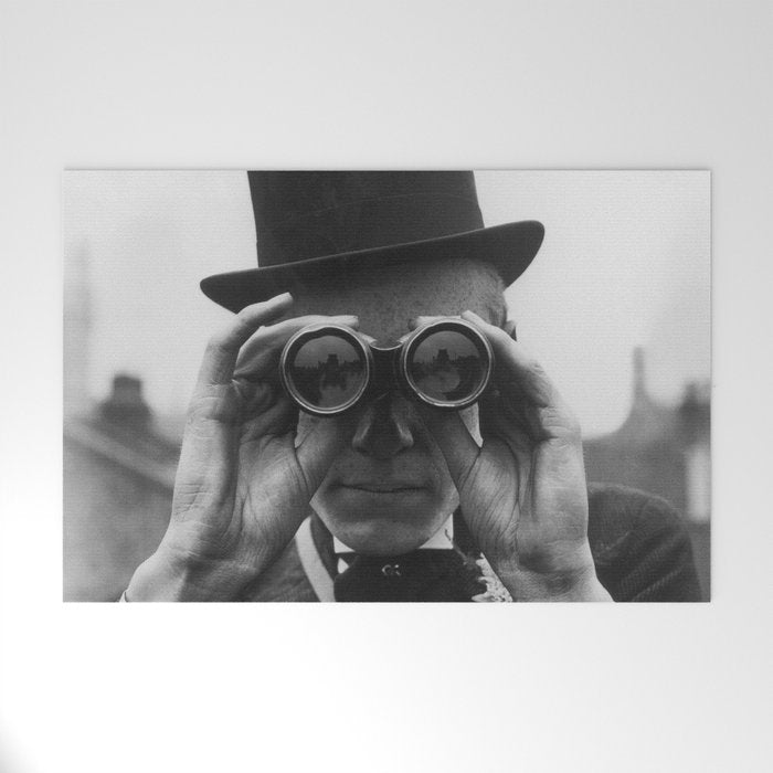 Derby Spectator watching ponies with opera glasses black and white photograph - photography - photographs Welcome Mat Gallery Image 1