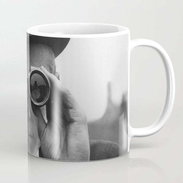 Derby Spectator watching ponies with opera glasses black and white photograph - photography - photographs Coffee Mug Gallery Image 1