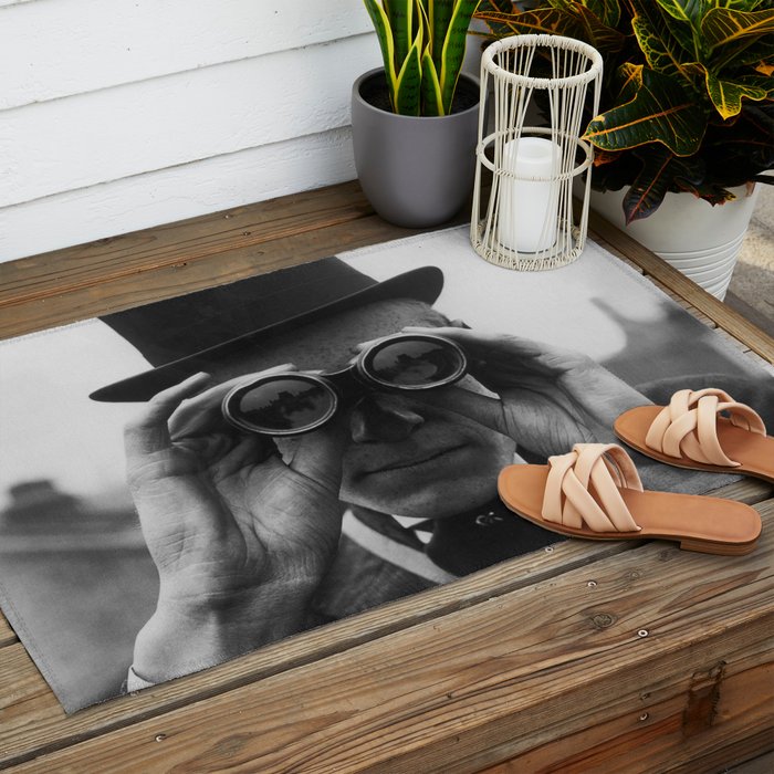 Derby Spectator watching ponies with opera glasses black and white photograph - photography - photographs Outdoor Rug Gallery Image 2