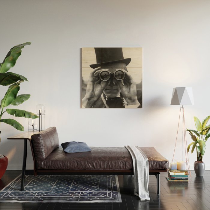 Derby Spectator watching ponies with opera glasses black and white photograph - photography - photographs Wood Wall Art Gallery Image 2