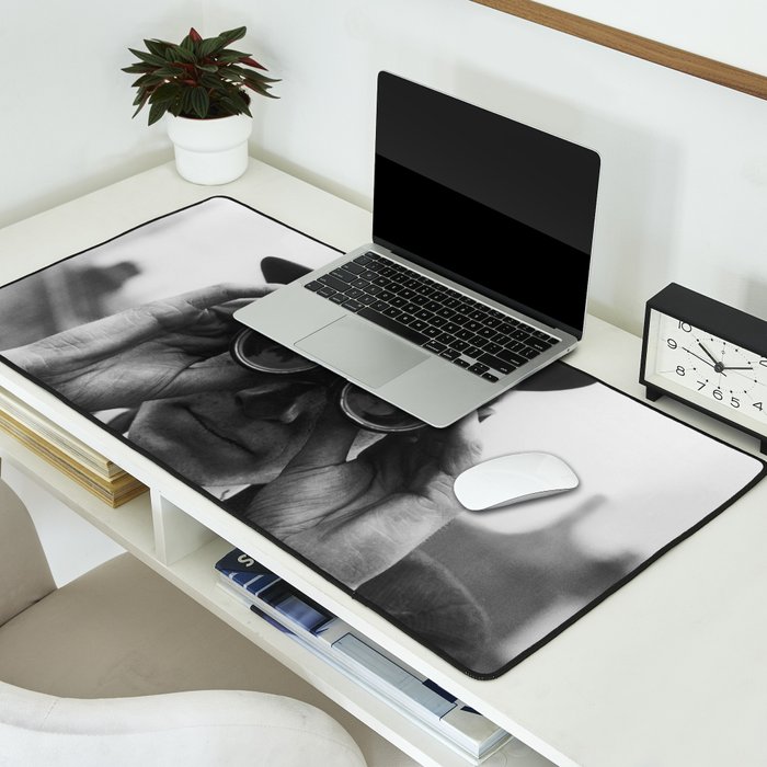 Derby Spectator watching ponies with opera glasses black and white photograph - photography - photographs Desk Mat Gallery Image 2