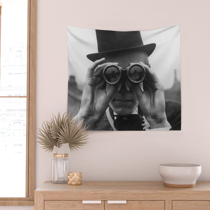 Derby Spectator watching ponies with opera glasses black and white photograph - photography - photographs Wall Tapestry Gallery Image 2