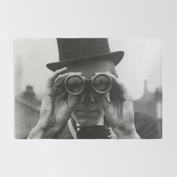 Derby Spectator watching ponies with opera glasses black and white photograph - photography - photographs Rug Gallery Image 2