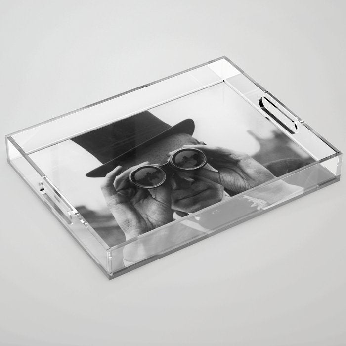 Derby Spectator watching ponies with opera glasses black and white photograph - photography - photographs Acrylic Tray Gallery Image 1