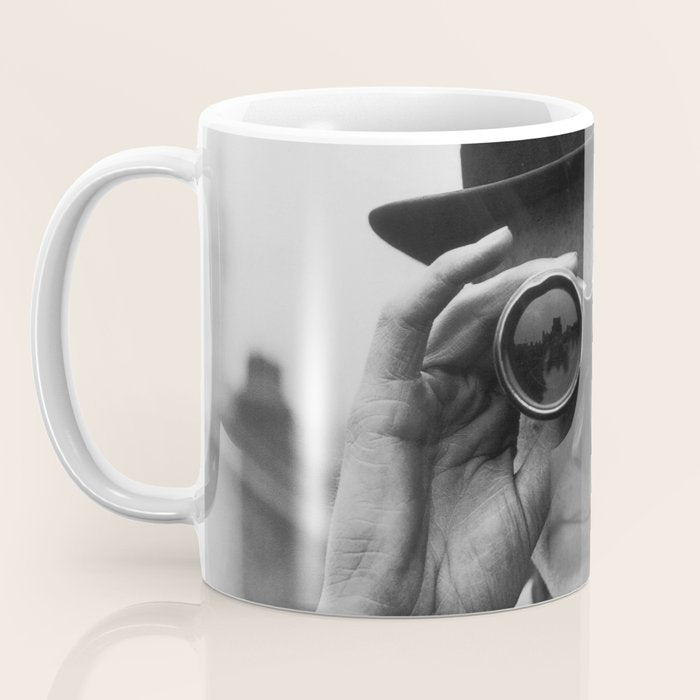 Derby Spectator watching ponies with opera glasses black and white photograph - photography - photographs Coffee Mug Gallery Image 3
