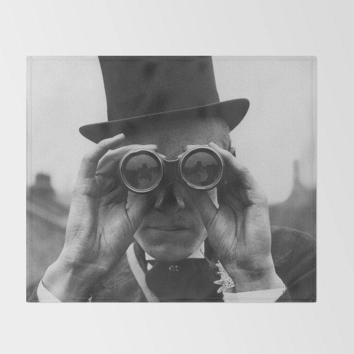 Derby Spectator watching ponies with opera glasses black and white photograph - photography - photographs Throw Blanket Gallery Image 2