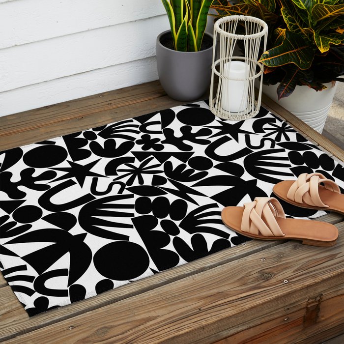 Black and white organic nature art shape pattern Outdoor Rug Gallery Image 2