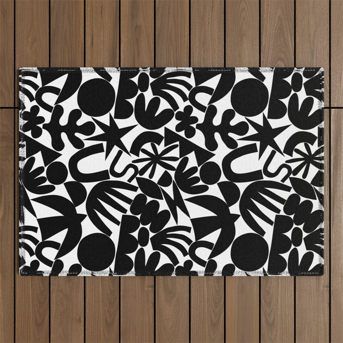 Black and white organic nature art shape pattern Outdoor Rug Gallery Image 1