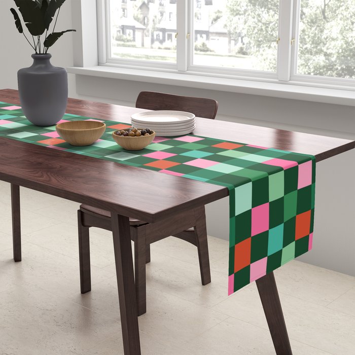 Christmas Checks Pattern - Green Red and Pink Table Runner Gallery Image 2