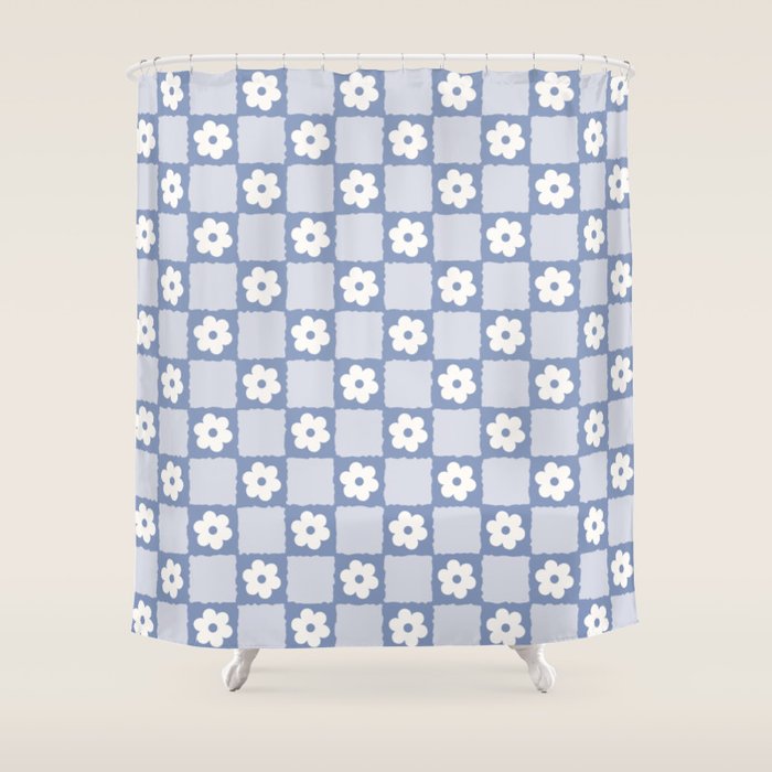 Retro Daisy Flower Checker in Blue  Shower Curtain Gallery Image 1