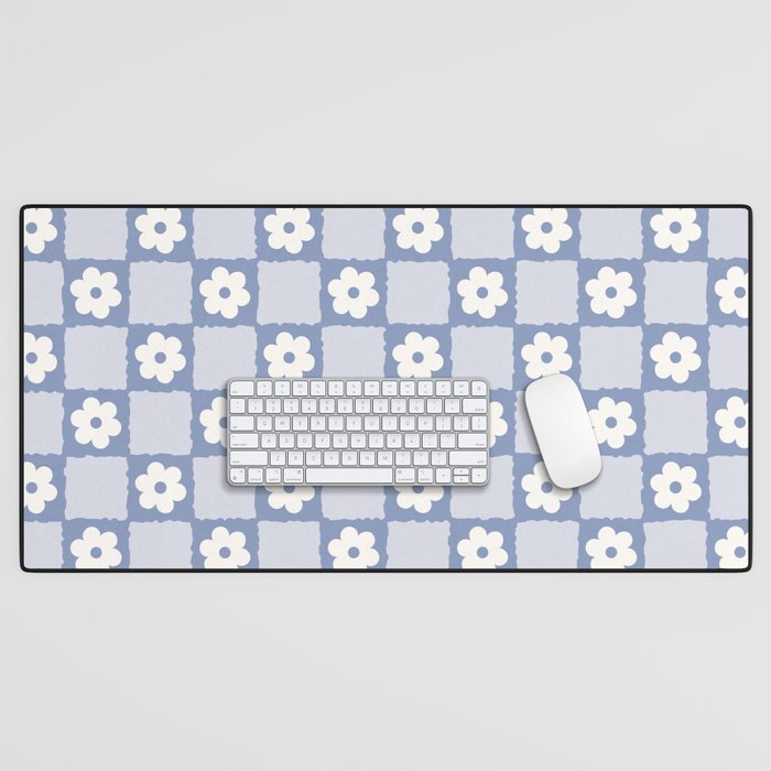 Retro Daisy Flower Checker in Blue  Desk Mat Gallery Image 1