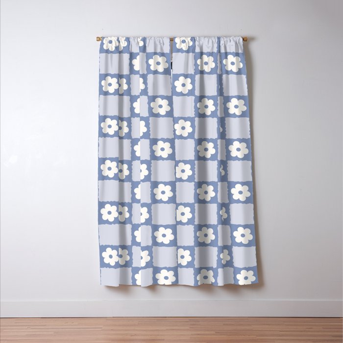 Retro Daisy Flower Checker in Blue  Window Curtain Gallery Image 3