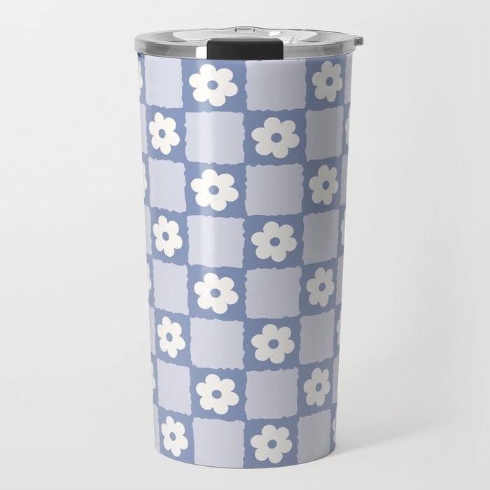Retro Daisy Flower Checker in Blue  Travel Mug Gallery Image 1