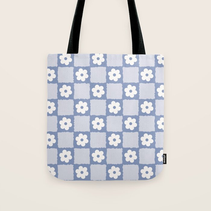 Retro Daisy Flower Checker in Blue  Tote Bag Gallery Image 1