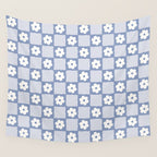 Retro Daisy Flower Checker in Blue  Wall Tapestry Gallery Image 4